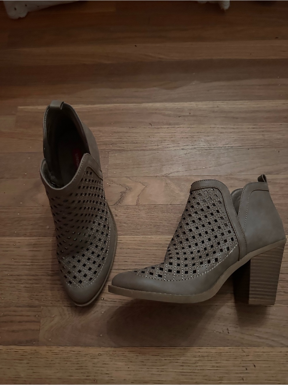 UNIONBAY Taupe Perforated Cutout Block Heel Ankle Booties